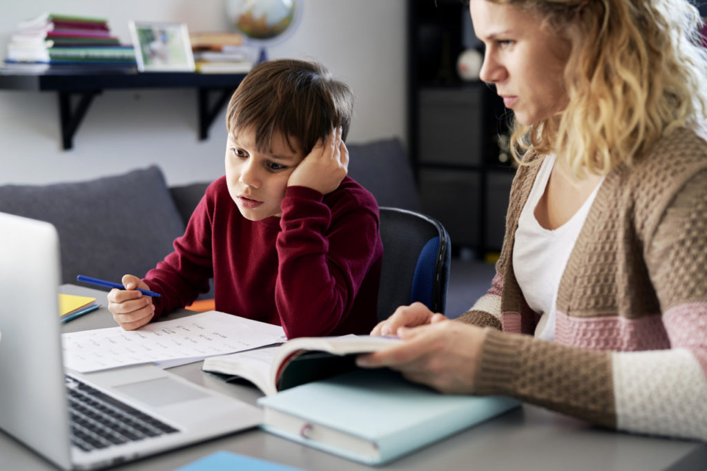 Mother and child with educational material, looking at the computer